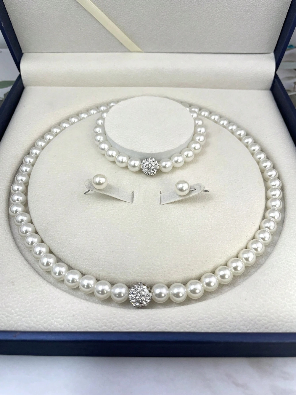 Classic White Pearl Necklace, Bracelet & Stud Earring Set with Crystal Accent